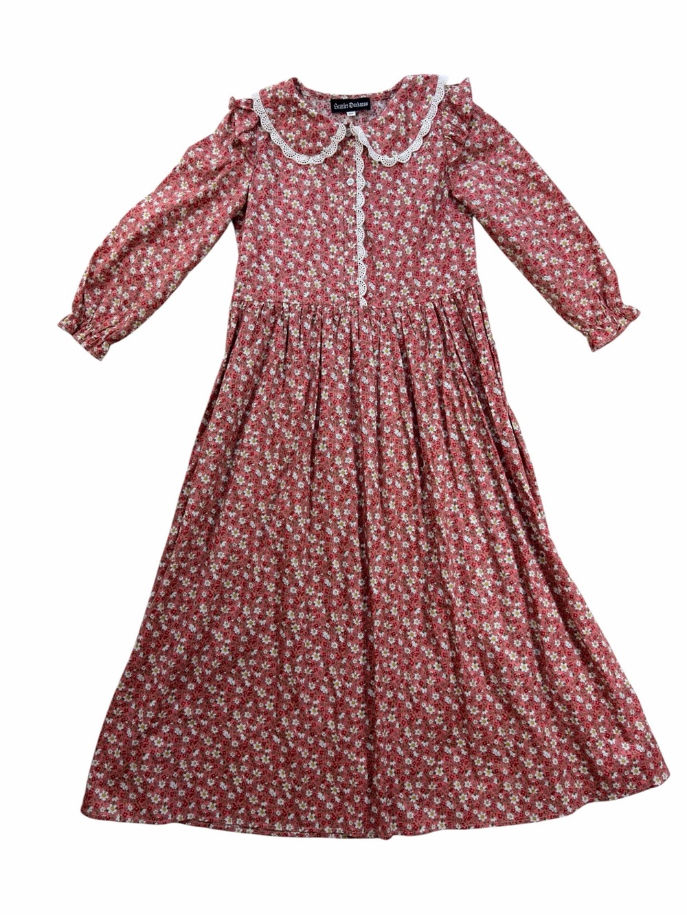 Scarlet Darkness Vintage-Style Red Floral Kids Nightgown Lace Collar Size 10Y